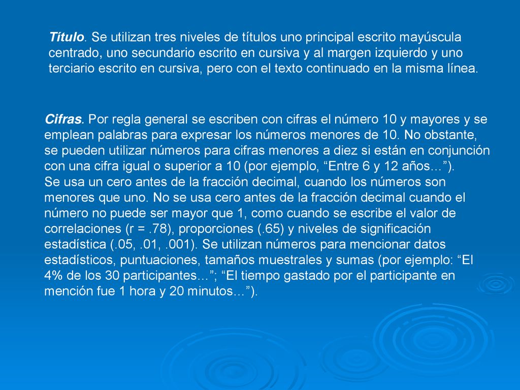 Título. Se utilizan tres niveles de títulos uno principal escrito mayúscula centrado, uno secundario escrito en cursiva y al margen izquierdo y uno terciario escrito en cursiva, pero con el texto continuado en la misma línea.