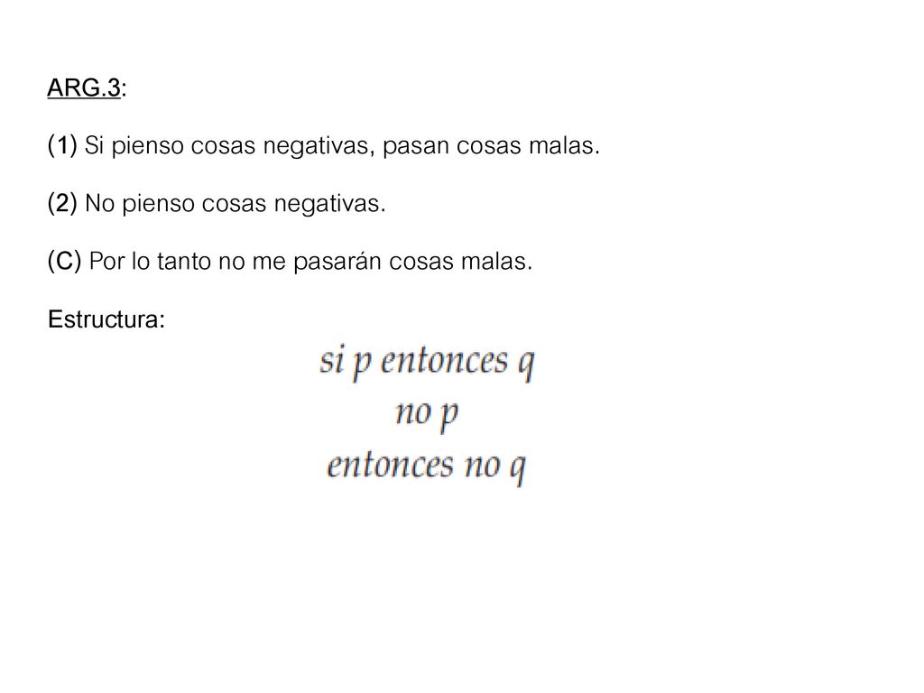 ARG.3: (1) Si pienso cosas negativas, pasan cosas malas. (2) No pienso cosas negativas. (C) Por lo tanto no me pasarán cosas malas.