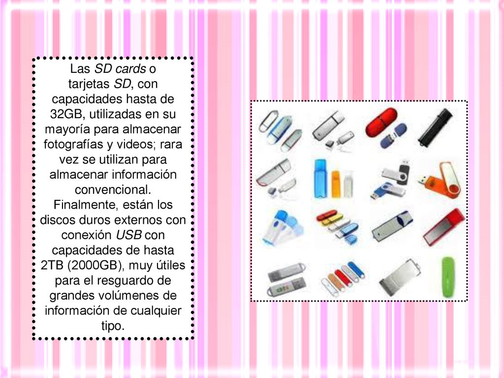 Las SD cards o tarjetas SD, con capacidades hasta de 32GB, utilizadas en su mayoría para almacenar fotografías y videos; rara vez se utilizan para almacenar información convencional.