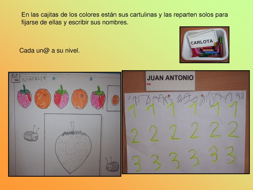 En las cajitas de los colores están sus cartulinas y las reparten solos para fijarse de ellas y escribir sus nombres.