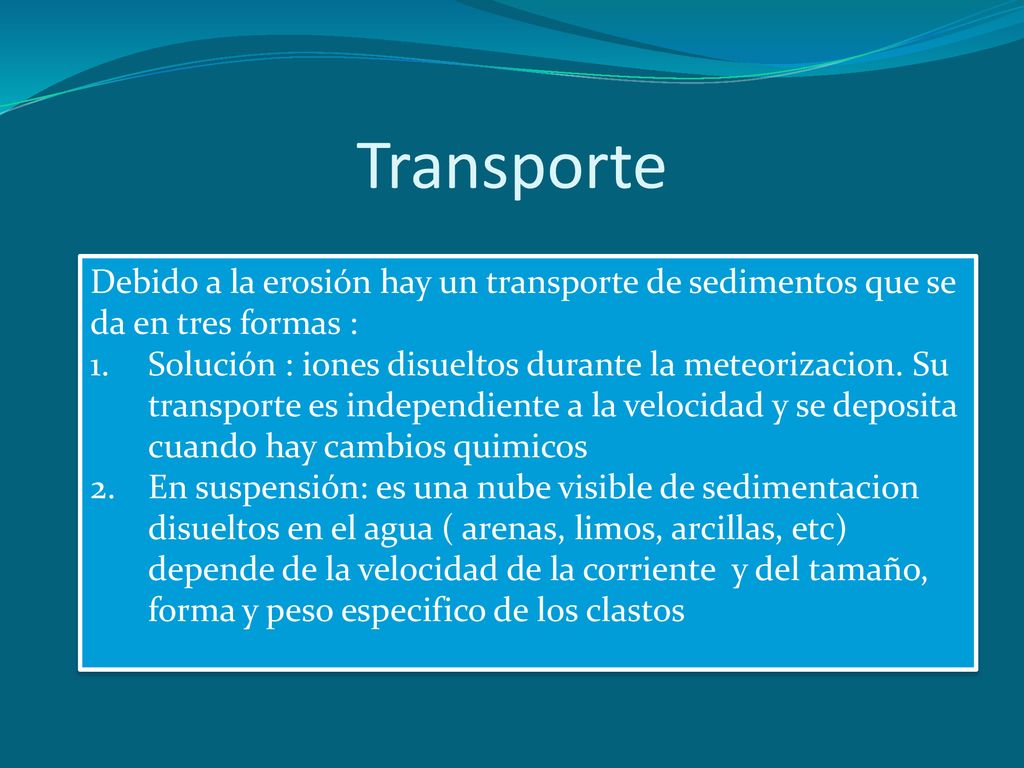 Transporte Debido a la erosión hay un transporte de sedimentos que se da en tres formas :