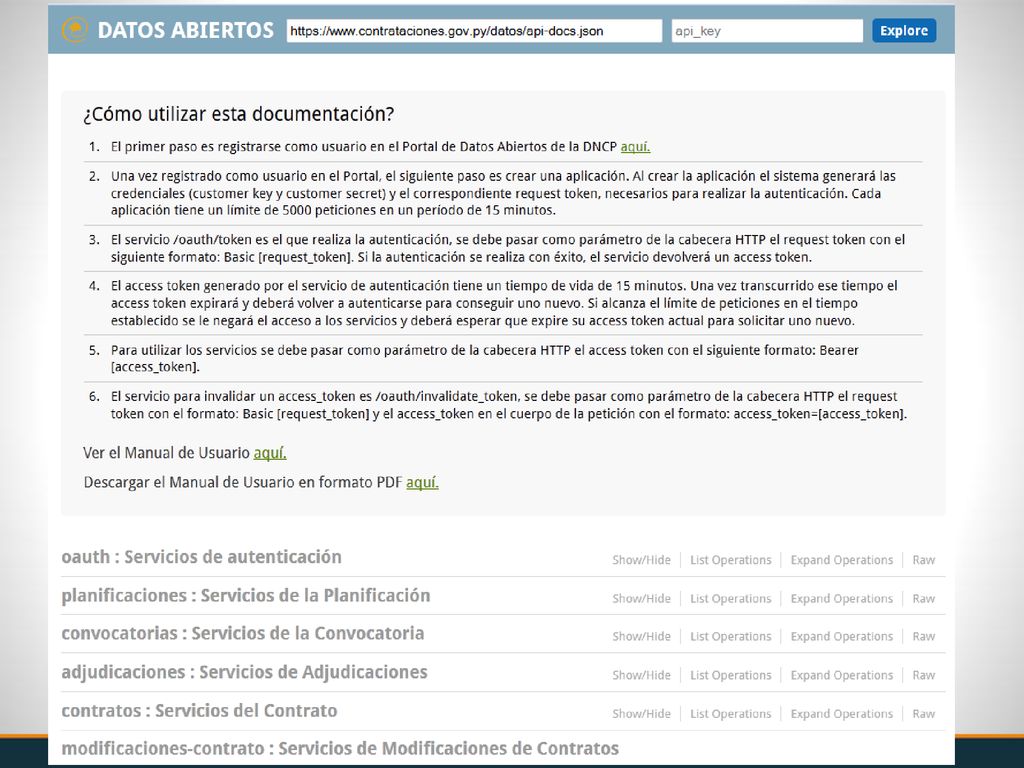 Todo lo visto en los apartados de visualizaciones y explorar datos es gracias un api de desarrollo (documentación para que desarrolladores puedan obtener la información necesaria para sus aplicaciones)
