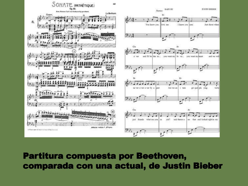 Partitura compuesta por Beethoven, comparada con una actual, de Justin Bieber