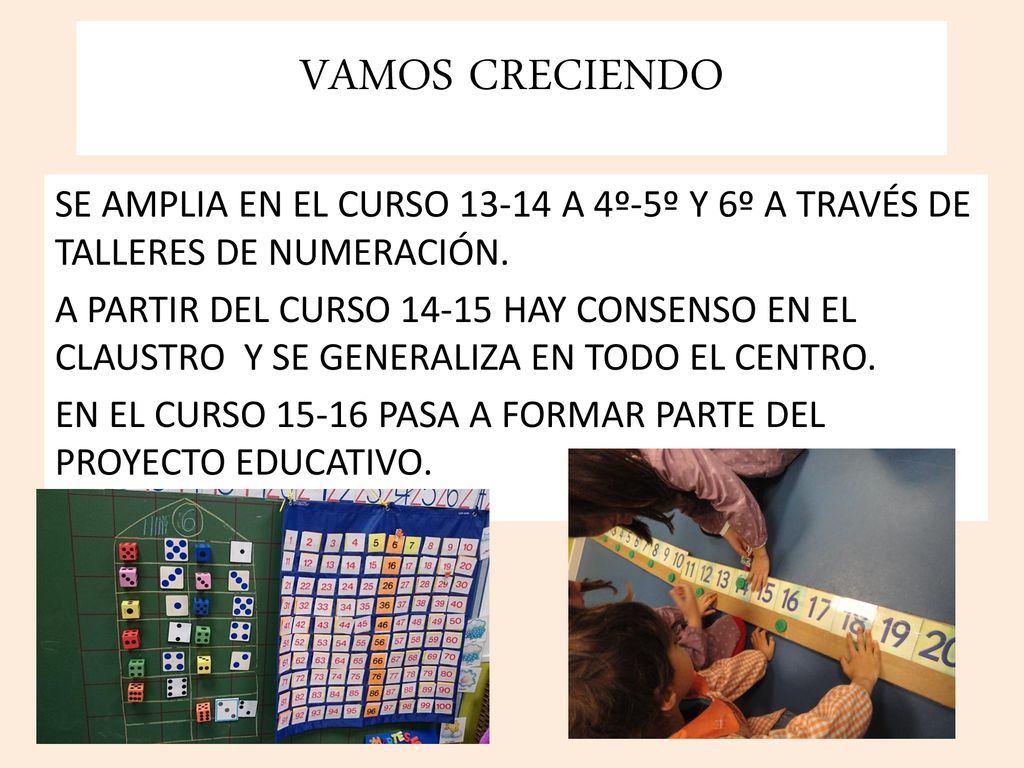 VAMOS CRECIENDO SE AMPLIA EN EL CURSO A 4º-5º Y 6º A TRAVÉS DE TALLERES DE NUMERACIÓN.