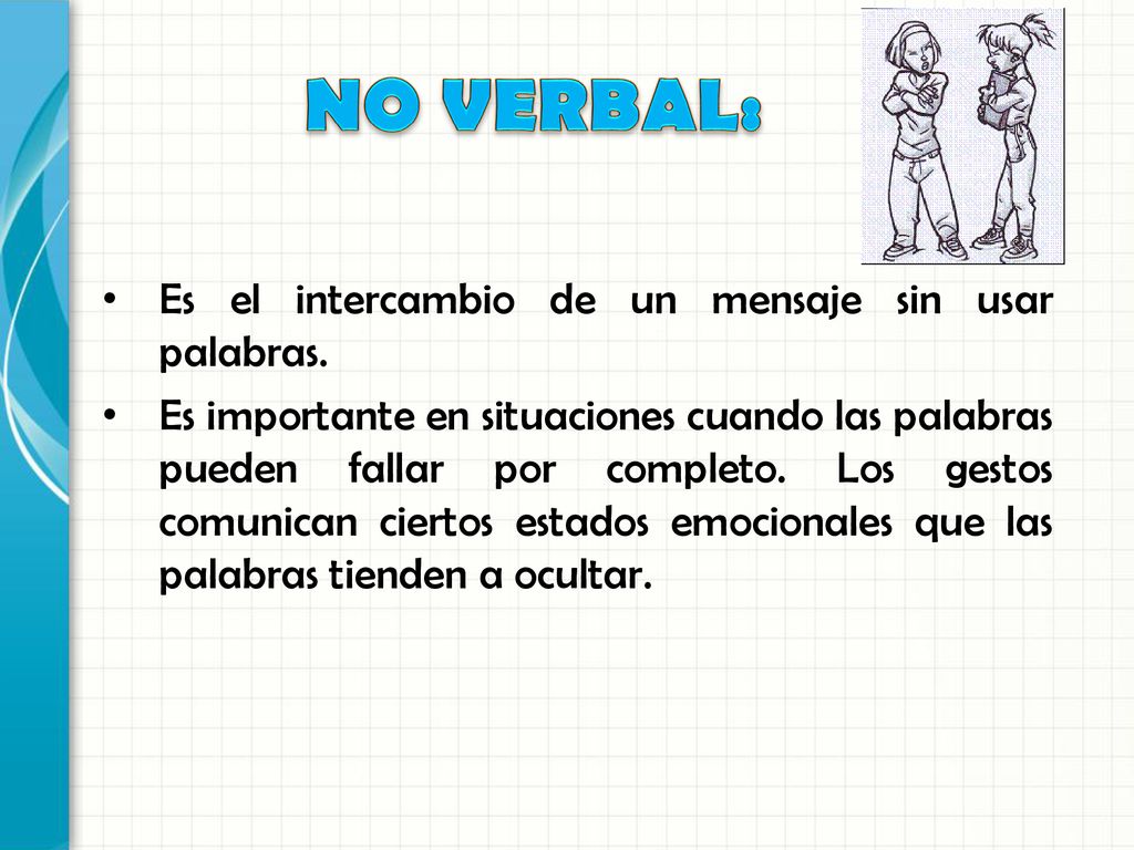 NO VERBAL: Es el intercambio de un mensaje sin usar palabras.