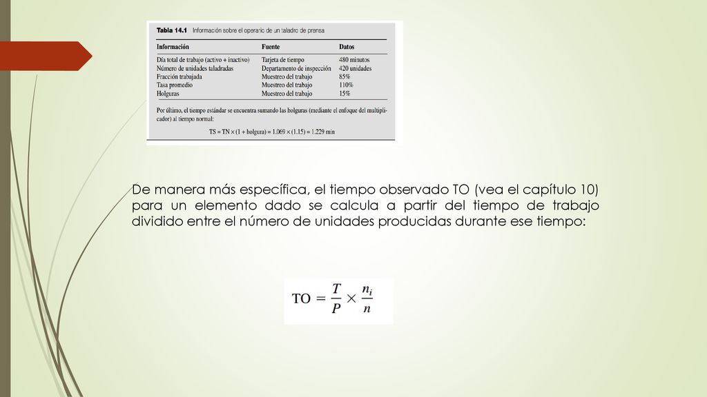 De manera más específica, el tiempo observado TO (vea el capítulo 10) para un elemento dado se calcula a partir del tiempo de trabajo dividido entre el número de unidades producidas durante ese tiempo: