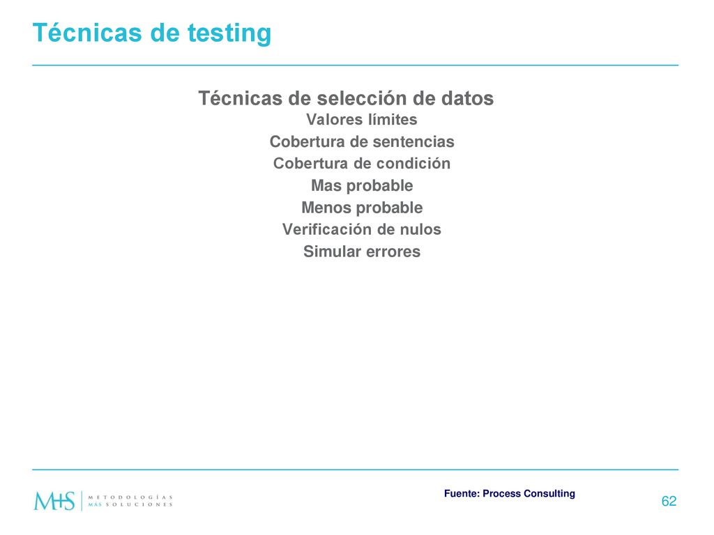Técnicas de testing Técnicas de selección de datos Valores límites
