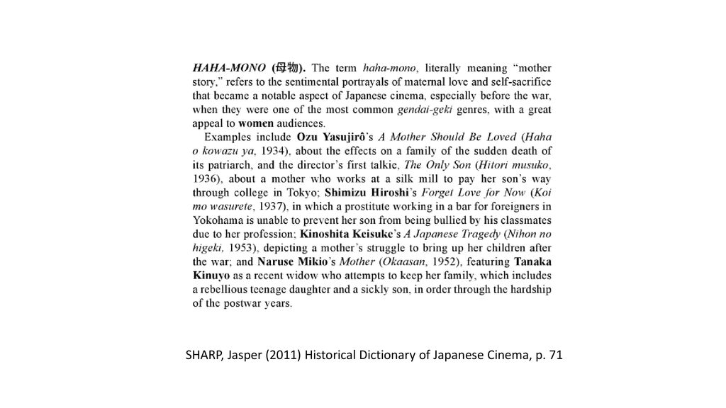 SHARP, Jasper (2011) Historical Dictionary of Japanese Cinema, p. 71