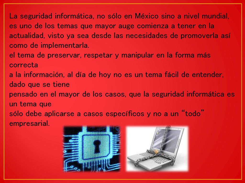 La seguridad informática, no sólo en México sino a nivel mundial, es uno de los temas que mayor auge comienza a tener en la actualidad, visto ya sea desde las necesidades de promoverla así como de implementarla.