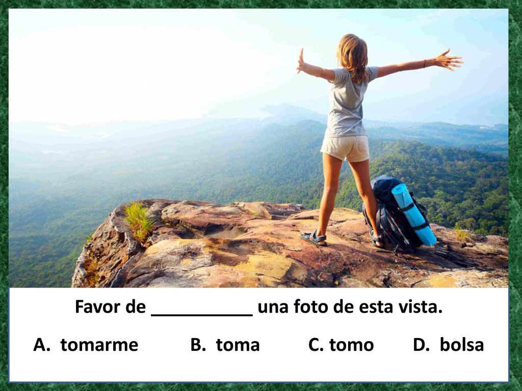 Favor de una foto de esta vista. A. tomarme B. toma C. tomo D. bolsa