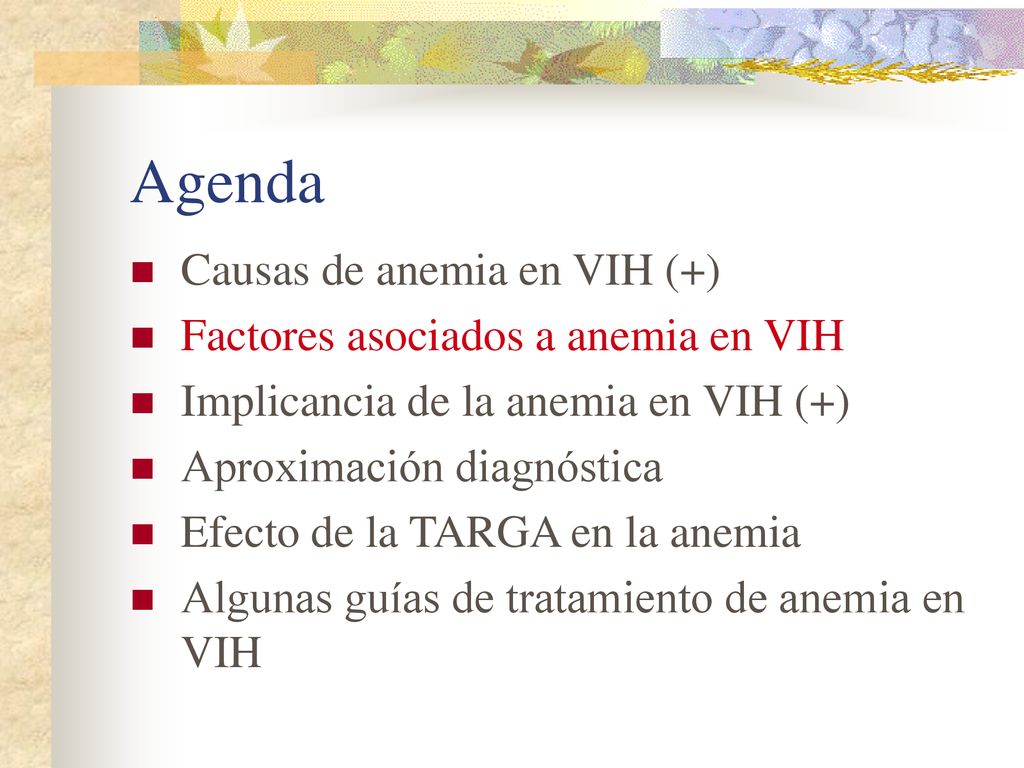 Agenda Causas de anemia en VIH (+) Factores asociados a anemia en VIH