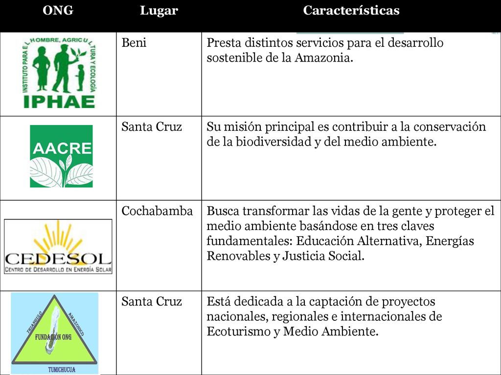 ONG Lugar. Características. Beni. Presta distintos servicios para el desarrollo sostenible de la Amazonia.