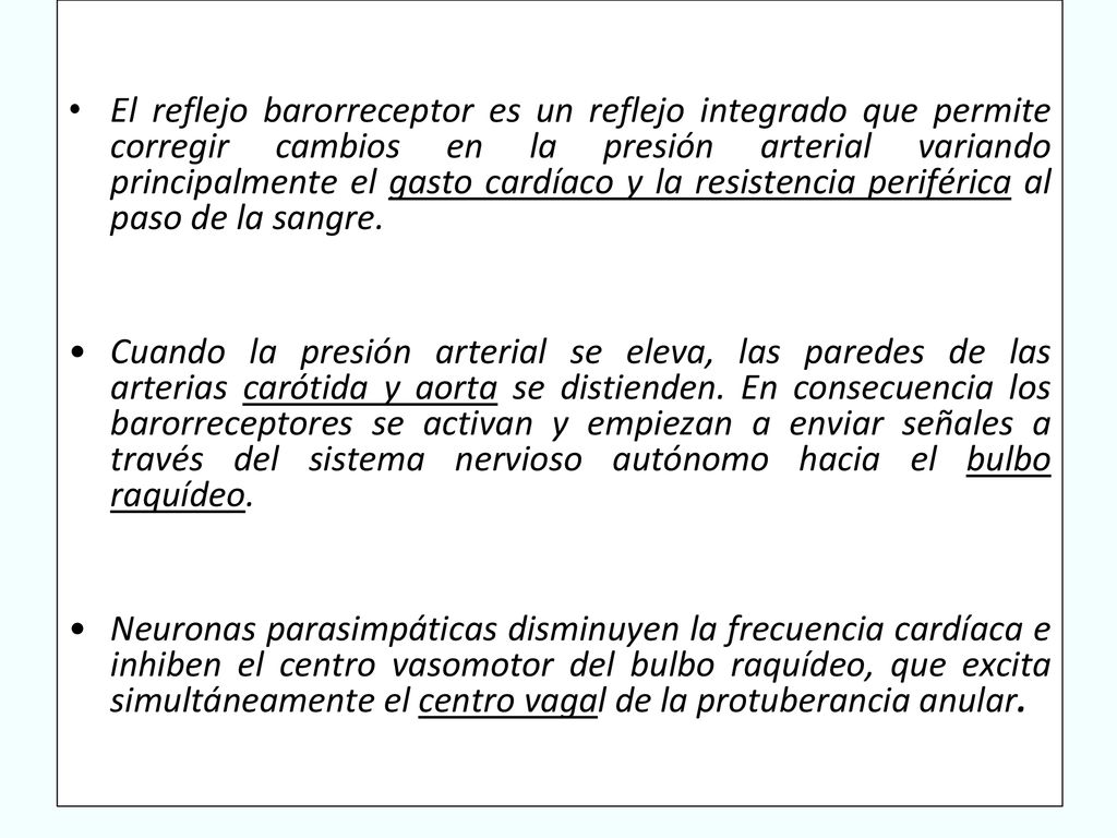 El reflejo barorreceptor es un reflejo integrado que permite corregir cambios en la presión arterial variando principalmente el gasto cardíaco y la resistencia periférica al paso de la sangre.