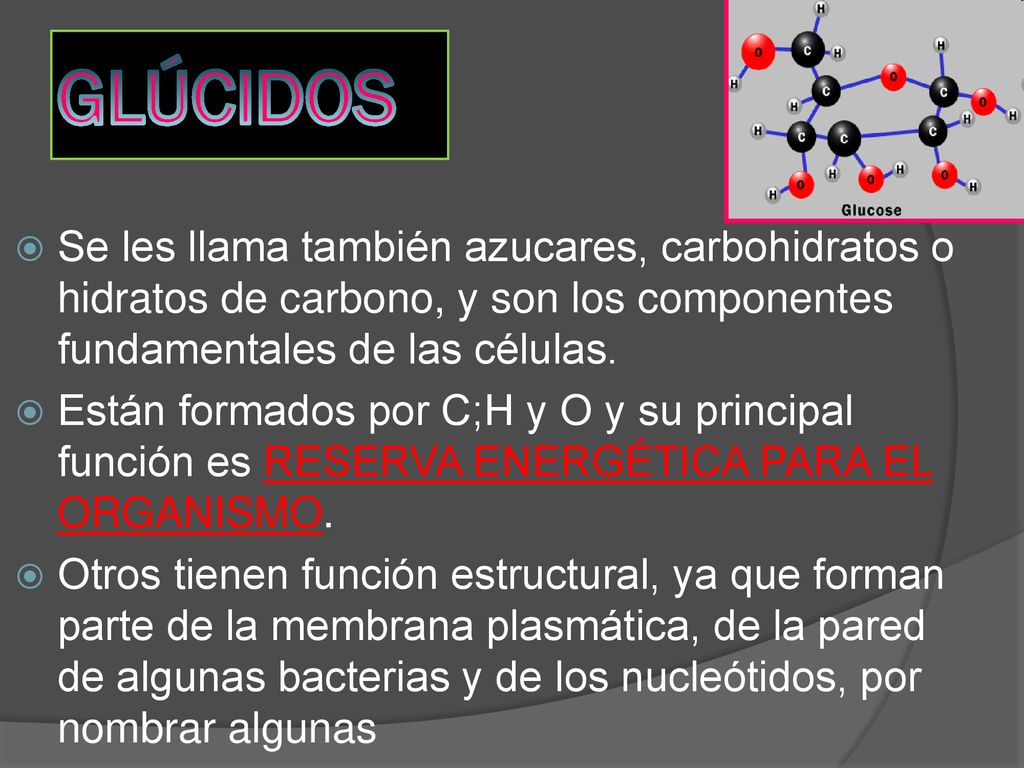 GLÚCIDOS Se les llama también azucares, carbohidratos o hidratos de carbono, y son los componentes fundamentales de las células.