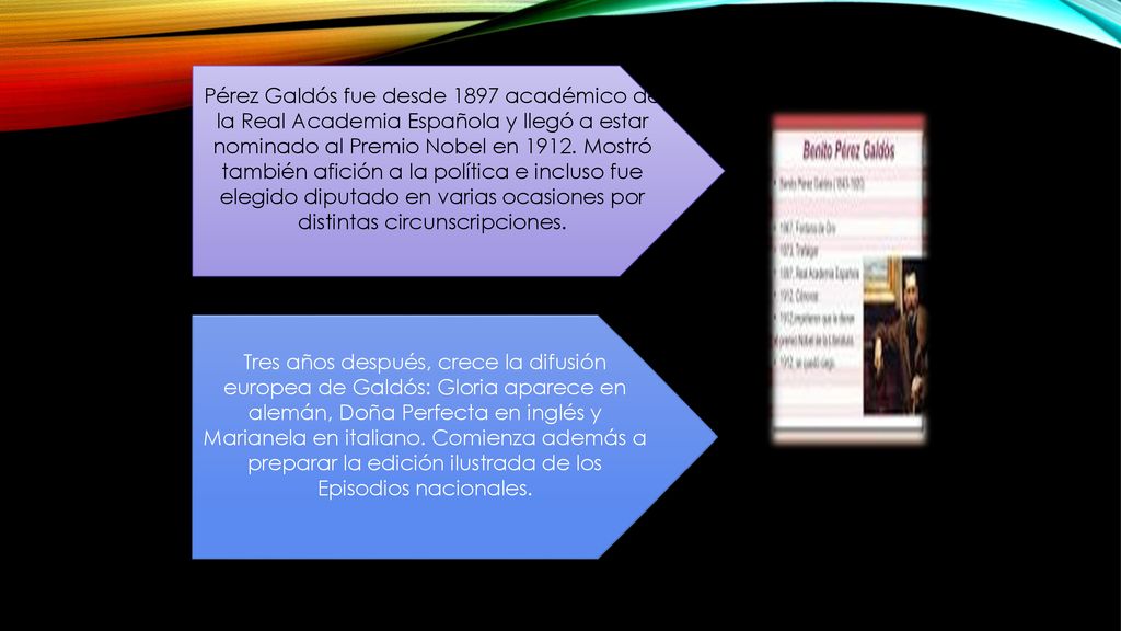 Pérez Galdós fue desde 1897 académico de la Real Academia Española y llegó a estar nominado al Premio Nobel en Mostró también afición a la política e incluso fue elegido diputado en varias ocasiones por distintas circunscripciones.