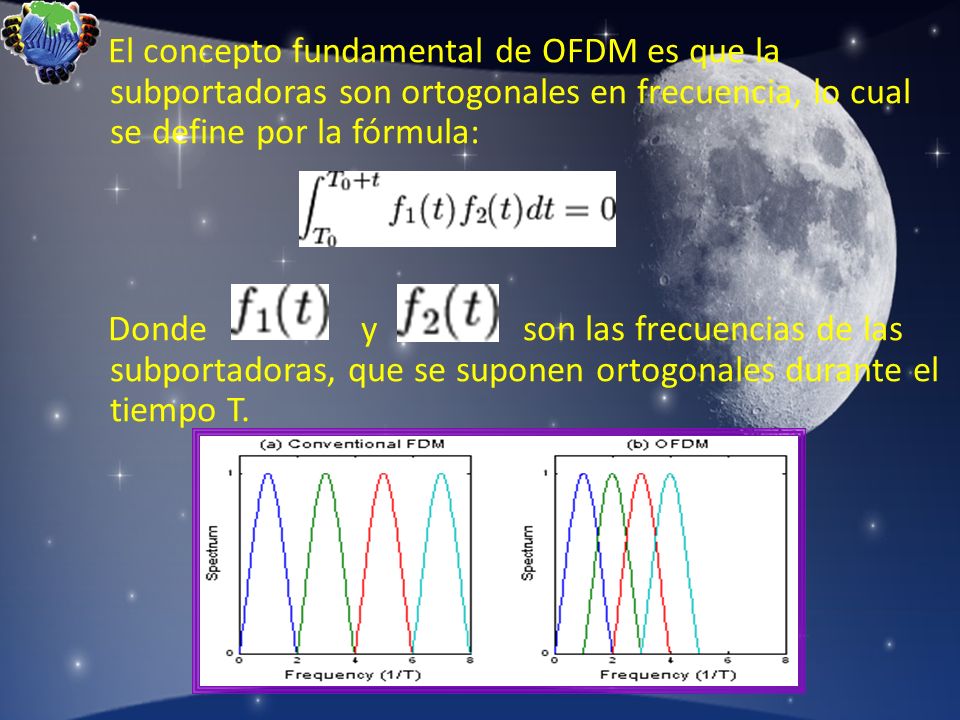 El concepto fundamental de OFDM es que la subportadoras son ortogonales en frecuencia, lo cual se define por la fórmula: