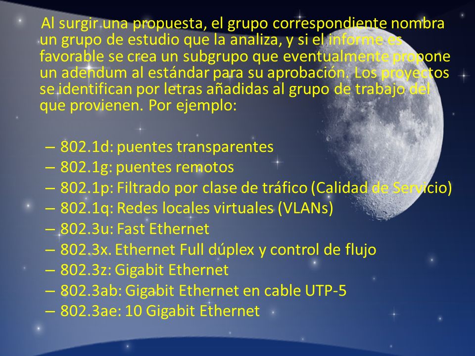Al surgir una propuesta, el grupo correspondiente nombra un grupo de estudio que la analiza, y si el informe es favorable se crea un subgrupo que eventualmente propone un adendum al estándar para su aprobación. Los proyectos se identifican por letras añadidas al grupo de trabajo del que provienen. Por ejemplo: