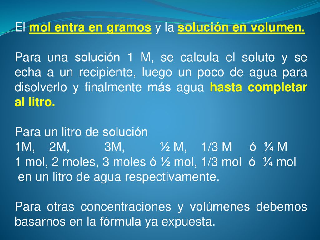 El mol entra en gramos y la solución en volumen.