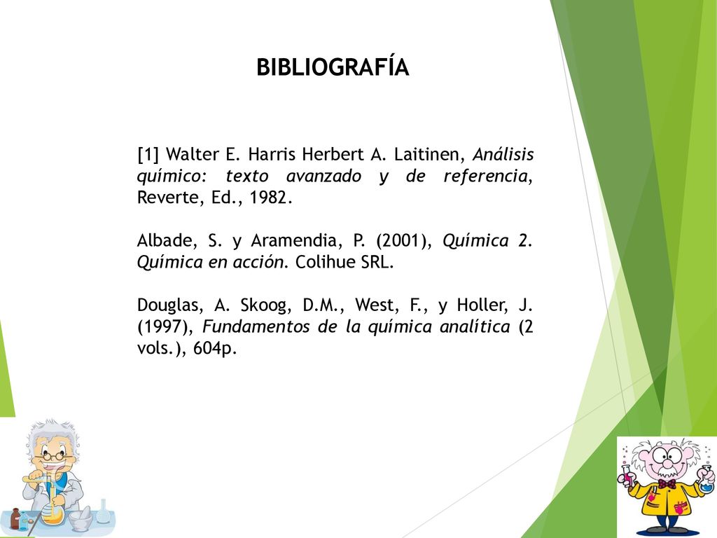 BIBLIOGRAFÍA [1] Walter E. Harris Herbert A. Laitinen, Análisis químico: texto avanzado y de referencia, Reverte, Ed.,