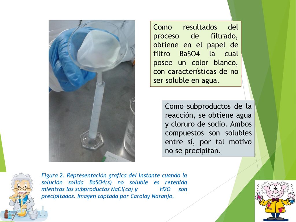 Como resultados del proceso de filtrado, obtiene en el papel de filtro BaSO4 la cual posee un color blanco, con características de no ser soluble en agua.