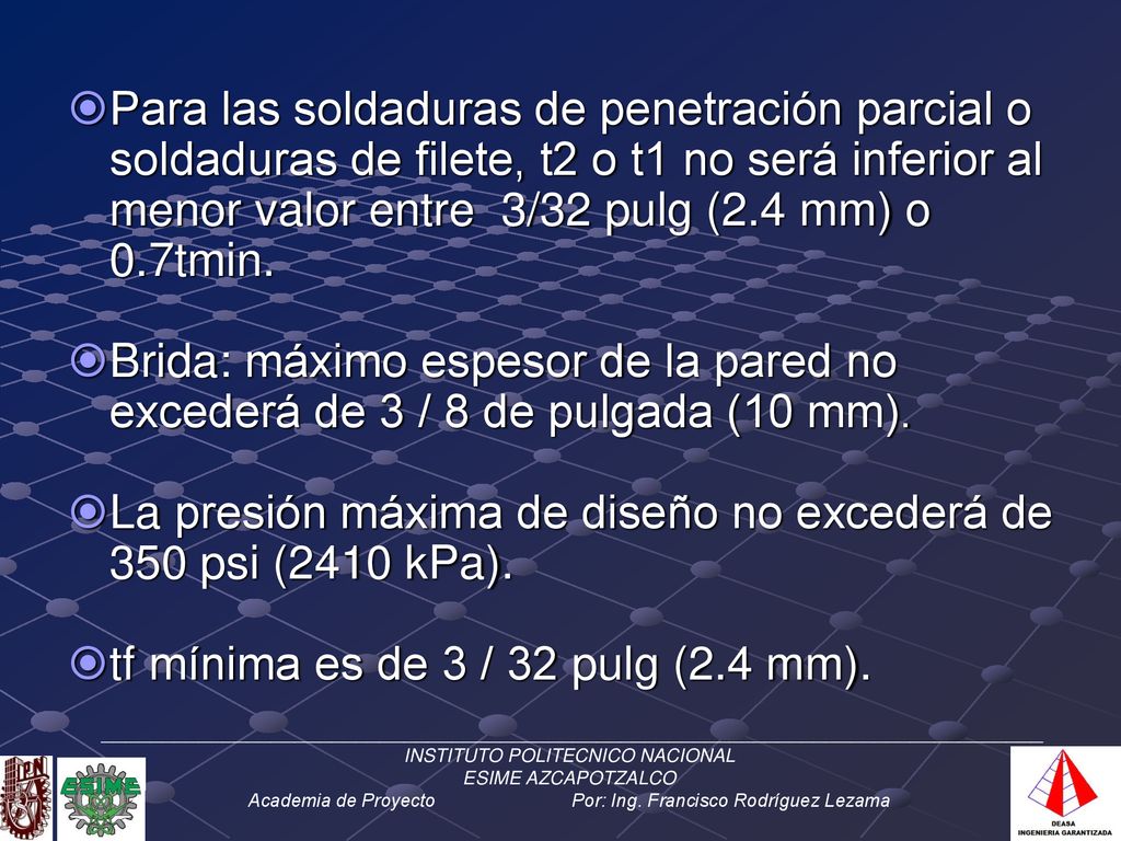 La presión máxima de diseño no excederá de 350 psi (2410 kPa).