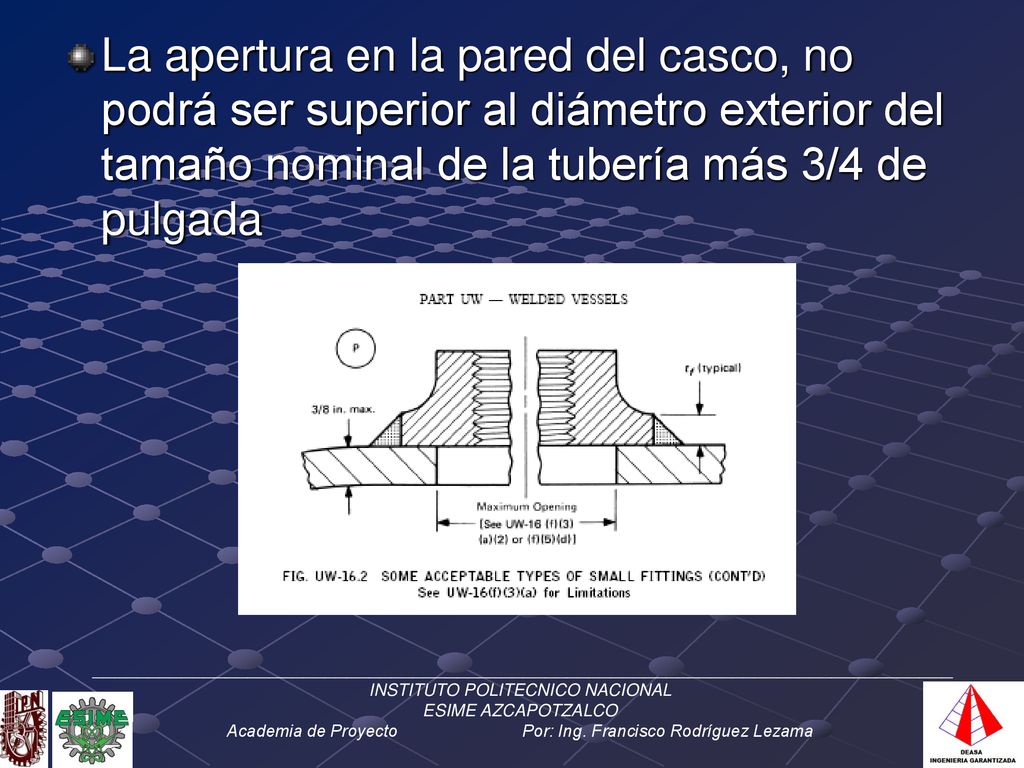 La apertura en la pared del casco, no podrá ser superior al diámetro exterior del tamaño nominal de la tubería más 3/4 de pulgada