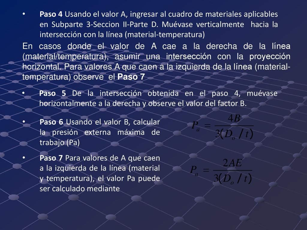 Paso 4 Usando el valor A, ingresar al cuadro de materiales aplicables en Subparte 3-Seccion II-Parte D. Muévase verticalmente hacia la intersección con la línea (material-temperatura)