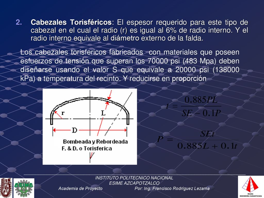 Cabezales Torisféricos: El espesor requerido para este tipo de cabezal en el cual el radio (r) es igual al 6% de radio interno. Y el radio interno equivale al diámetro externo de la falda.