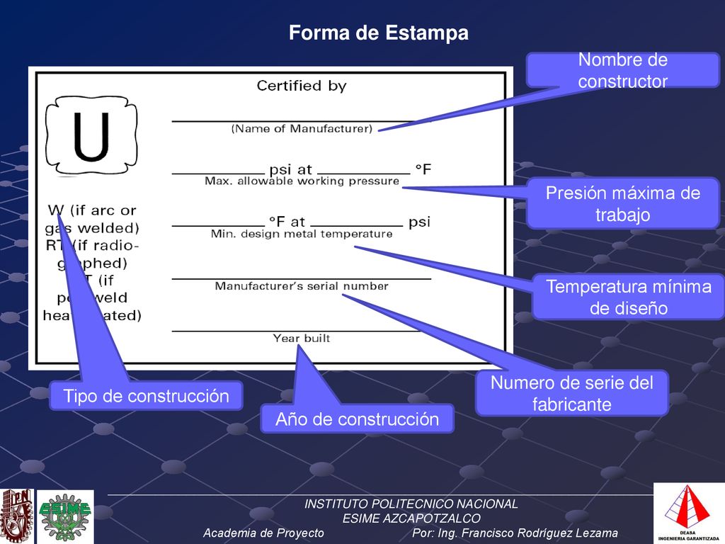 Forma de Estampa Nombre de constructor Presión máxima de trabajo
