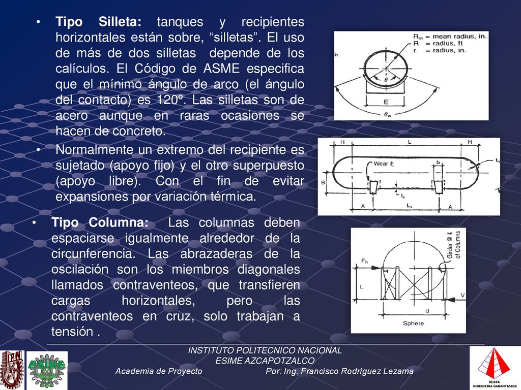 Tipo Silleta: tanques y recipientes horizontales están sobre, silletas . El uso de más de dos silletas depende de los calículos. El Código de ASME especifica que el mínimo ángulo de arco (el ángulo del contacto) es 120º. Las silletas son de acero aunque en raras ocasiones se hacen de concreto.