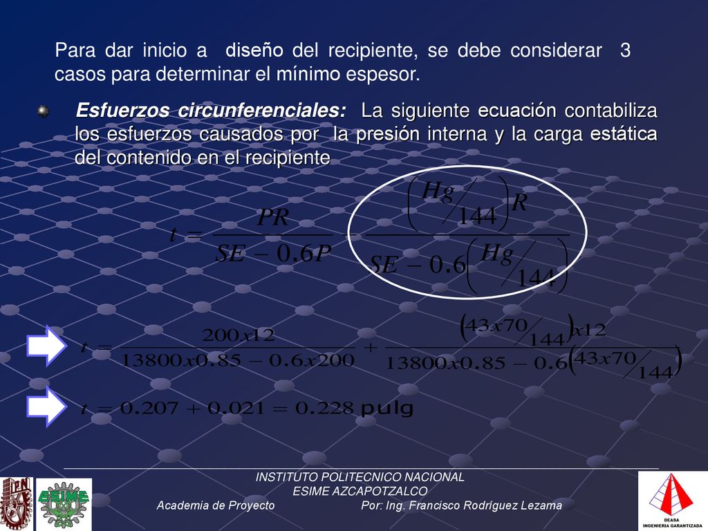 Para dar inicio a diseño del recipiente, se debe considerar 3 casos para determinar el mínimo espesor.