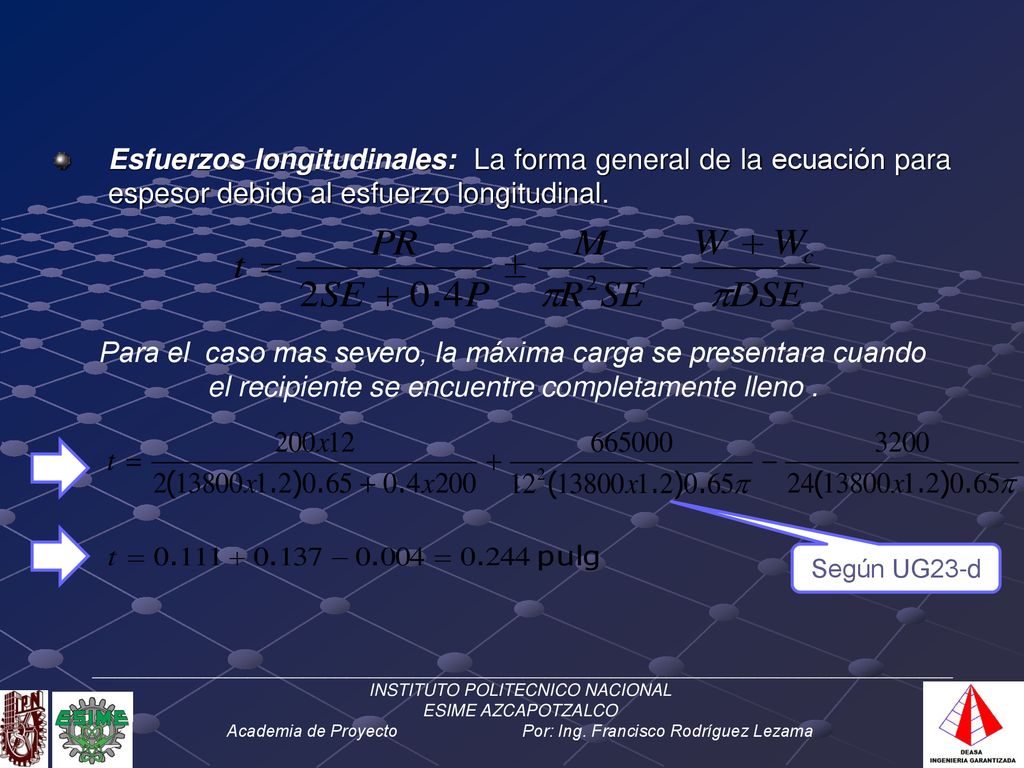 Esfuerzos longitudinales: La forma general de la ecuación para espesor debido al esfuerzo longitudinal.