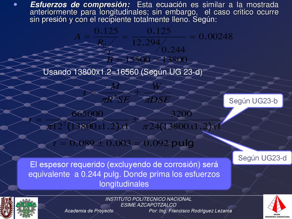 Esfuerzos de compresión: Esta ecuación es similar a la mostrada anteriormente para longitudinales; sin embargo, el caso critico ocurre sin presión y con el recipiente totalmente lleno. Según: