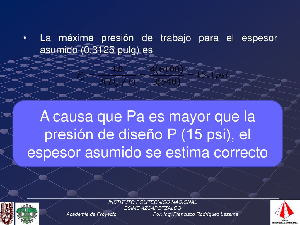 La máxima presión de trabajo para el espesor asumido ( pulg) es