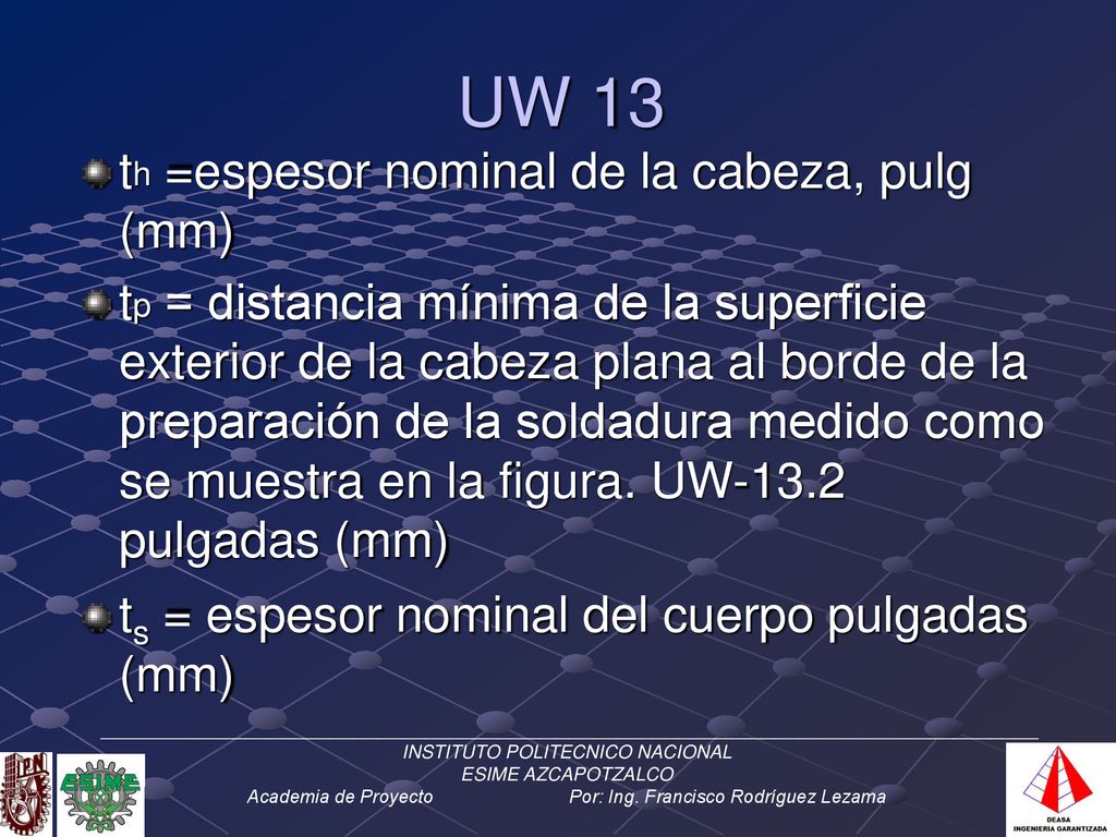 UW 13 th =espesor nominal de la cabeza, pulg (mm)
