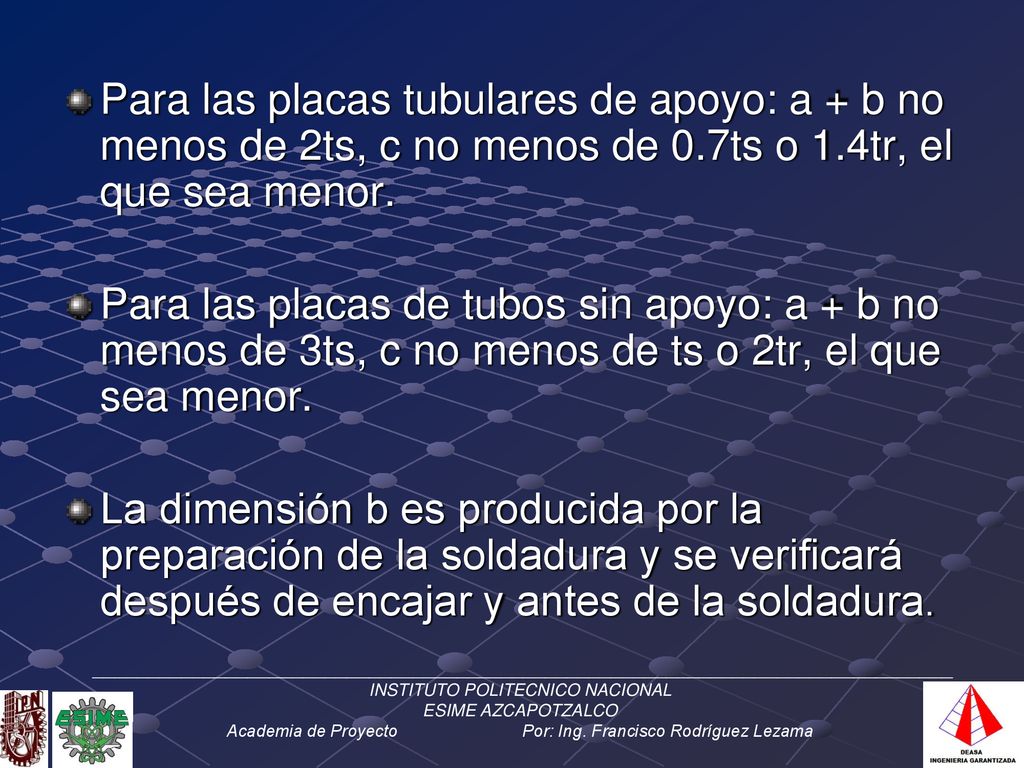 Para las placas tubulares de apoyo: a + b no menos de 2ts, c no menos de 0.7ts o 1.4tr, el que sea menor.