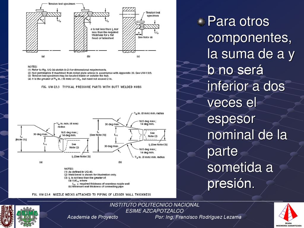 Para otros componentes, la suma de a y b no será inferior a dos veces el espesor nominal de la parte sometida a presión.