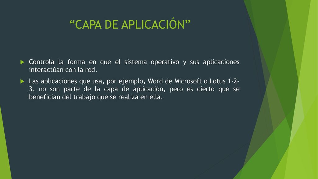 CAPA DE APLICACIÓN Controla la forma en que el sistema operativo y sus aplicaciones interactúan con la red.