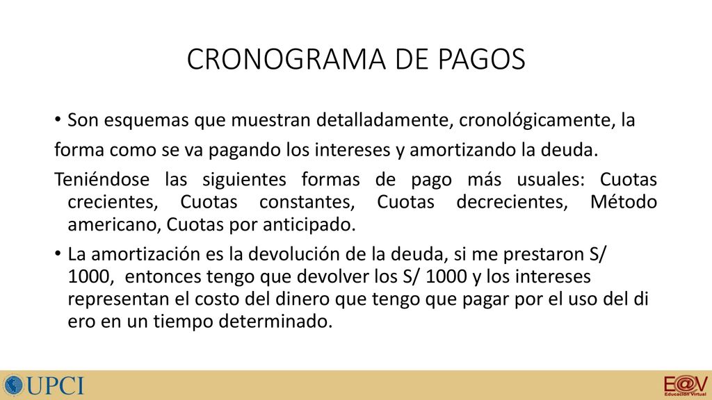 CRONOGRAMA DE PAGOS Son esquemas que muestran detalladamente, cronológicamente, la. forma como se va pagando los intereses y amortizando la deuda.