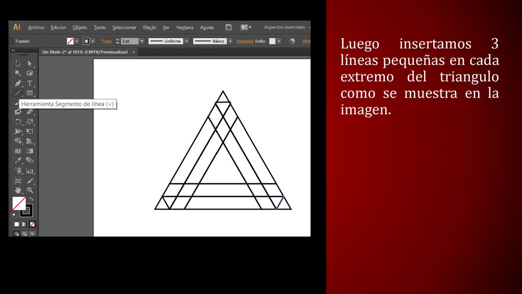 Luego insertamos 3 líneas pequeñas en cada extremo del triangulo como se muestra en la imagen.