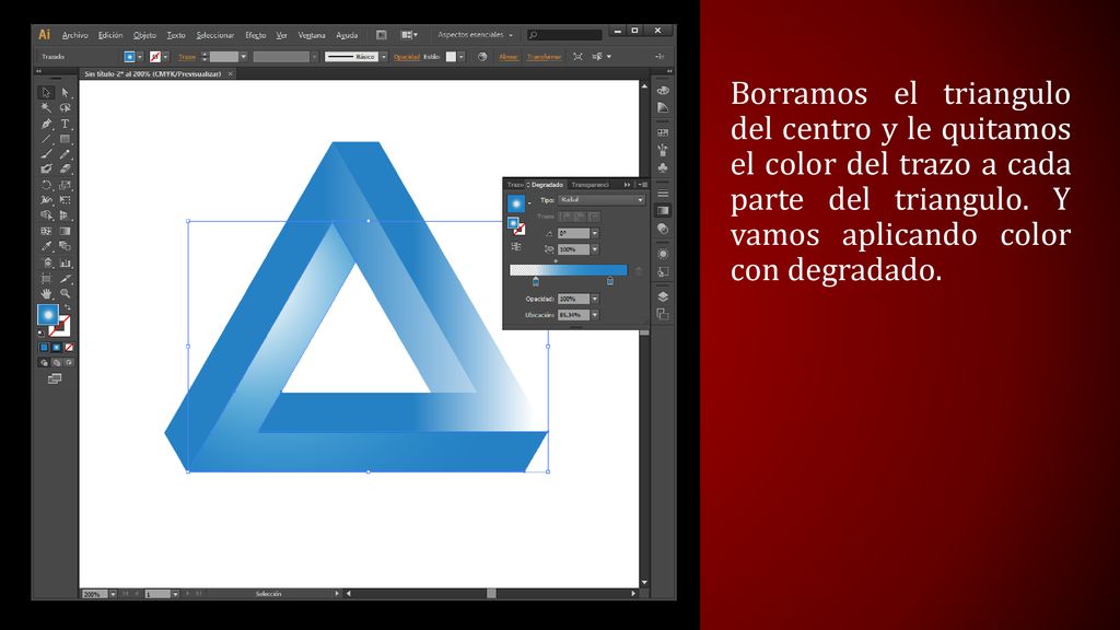 Borramos el triangulo del centro y le quitamos el color del trazo a cada parte del triangulo.