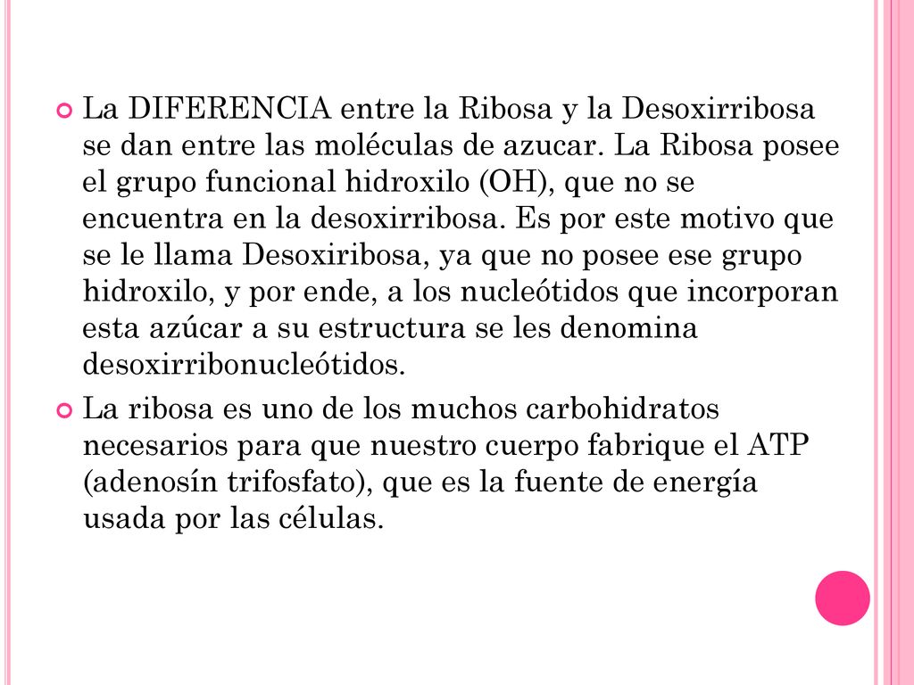 La DIFERENCIA entre la Ribosa y la Desoxirribosa se dan entre las moléculas de azucar. La Ribosa posee el grupo funcional hidroxilo (OH), que no se encuentra en la desoxirribosa. Es por este motivo que se le llama Desoxiribosa, ya que no posee ese grupo hidroxilo, y por ende, a los nucleótidos que incorporan esta azúcar a su estructura se les denomina desoxirribonucleótidos.