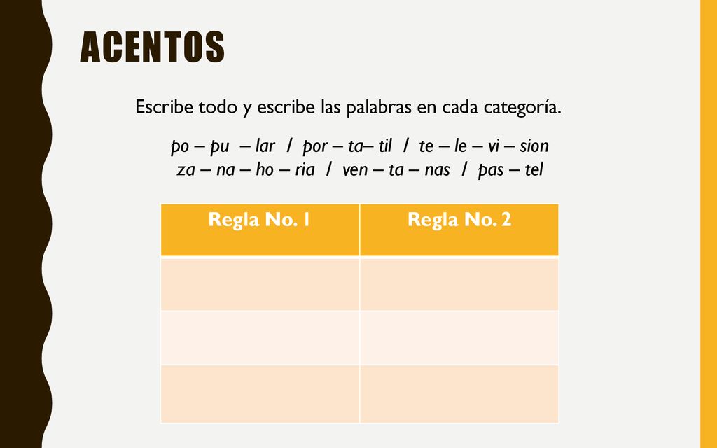 Acentos Escribe todo y escribe las palabras en cada categoría.