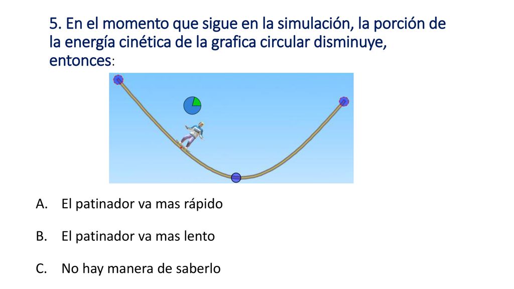 5. En el momento que sigue en la simulación, la porción de la energía cinética de la grafica circular disminuye, entonces: