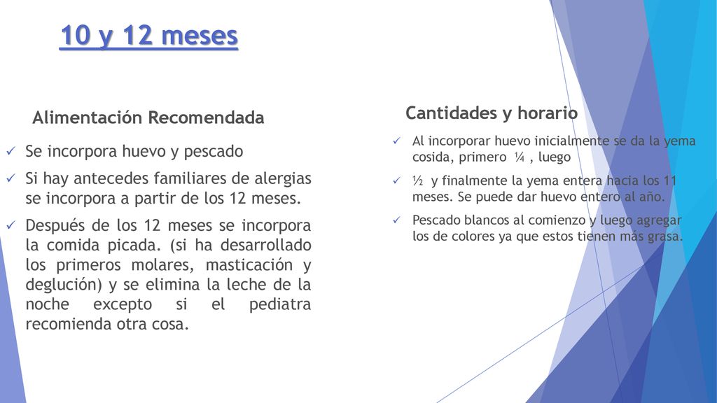 10 y 12 meses Cantidades y horario Alimentación Recomendada