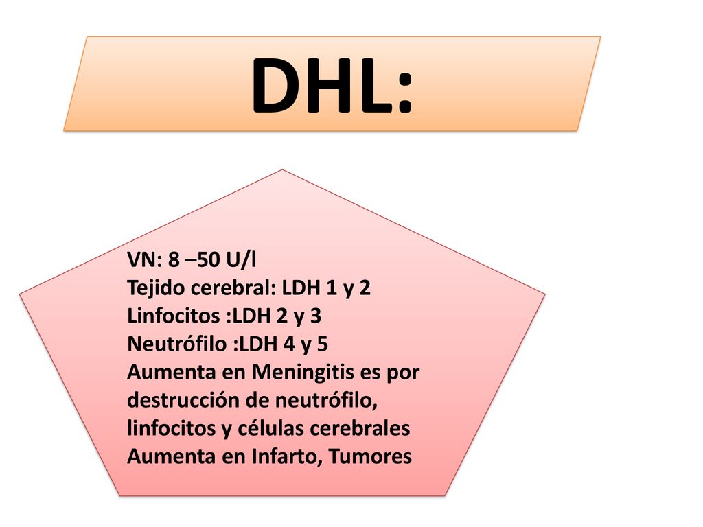 DHL: VN: 8 –50 U/l Tejido cerebral: LDH 1 y 2 Linfocitos :LDH 2 y 3