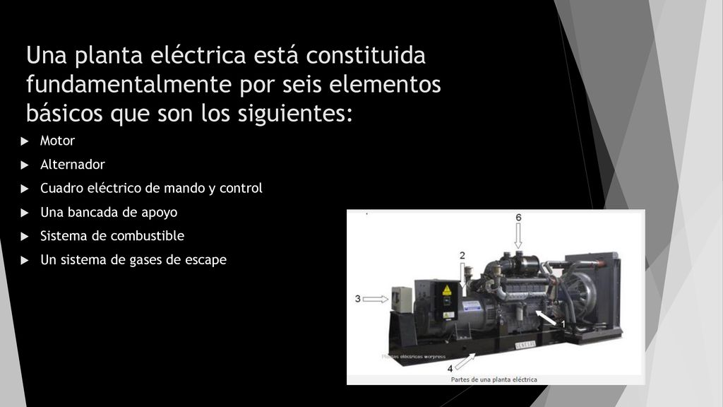 Una planta eléctrica está constituida fundamentalmente por seis elementos básicos que son los siguientes:
