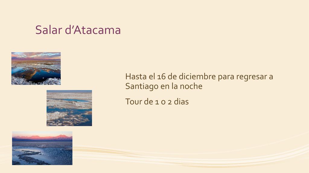 Salar d’Atacama Hasta el 16 de diciembre para regresar a Santiago en la noche Tour de 1 o 2 dias