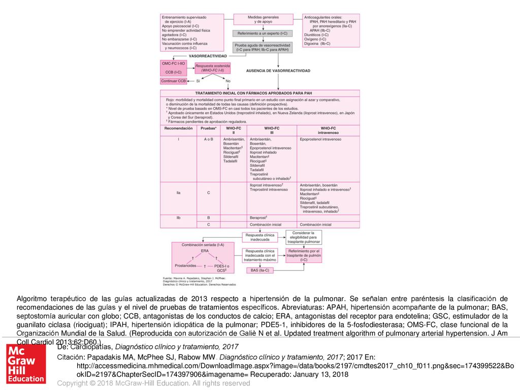 Algoritmo terapéutico de las guías actualizadas de 2013 respecto a hipertensión de la pulmonar. Se señalan entre paréntesis la clasificación de recomendaciones de las guías y el nivel de pruebas de tratamientos específicos. Abreviaturas: APAH, hipertensión acompañante de la pulmonar; BAS, septostomía auricular con globo; CCB, antagonistas de los conductos de calcio; ERA, antagonistas del receptor para endotelina; GSC, estimulador de la guanilato ciclasa (riociguat); IPAH, hipertensión idiopática de la pulmonar; PDE5-1, inhibidores de la 5-fosfodiesterasa; OMS-FC, clase funcional de la Organización Mundial de la Salud. (Reproducida con autorización de Galiè N et al. Updated treatment algorithm of pulmonary arterial hypertension. J Am Coll Cardiol 2013:62:D60.)