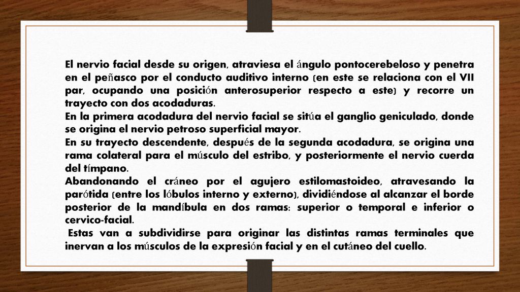 El nervio facial desde su origen, atraviesa el ángulo pontocerebeloso y penetra en el peñasco por el conducto auditivo interno (en este se relaciona con el VII par, ocupando una posición anterosuperior respecto a este) y recorre un trayecto con dos acodaduras.
